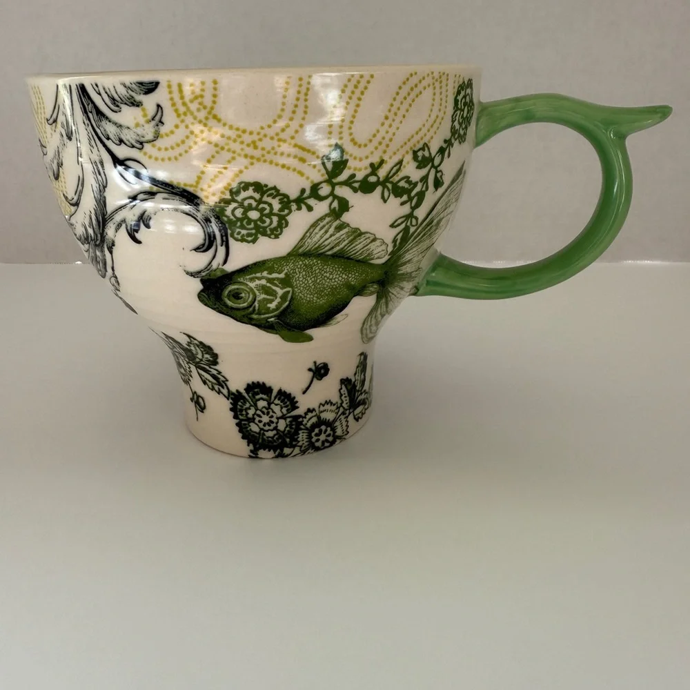 Anthropologie Menagerie Green Floral Fish Pedestal Coffee/Tea Mug - Picture 14 of 14